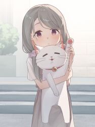 1girl absurdres animal animal_collar bell blush cat collar dress expressionless grey_hair hair_ornament hair_scrunchie highres holding holding_animal holding_cat lanyueqi long_hair looking_at_viewer low_twintails mono_(afro) neck_bell outdoors pink_scrunchie purple_eyes scrunchie shikishima_sakurako swept_bangs twintails waving_another&#039;s_arm white_cat