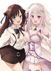 2girls alina_clover black_bow black_bowtie black_skirt bow bowtie braid breasts brown_hair cleavage commentary_request cowboy_shot crossover crown_braid dress elf emilia_(re:zero) green_eyes guild_no_uketsukejou_desu_ga_zangyou_wa_iya_nanode_boss_wo_solo_toubatsu_shiyou_to_omoimasu hair_ribbon highres large_breasts miniskirt multiple_girls open_mouth pointy_ears purple_eyes re:zero_kara_hajimeru_isekai_seikatsu ribbon ririka_(ab-yuri) shirt simple_background skirt smile thighs voice_actor_connection white_background white_dress white_hair white_shirt