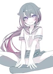 1girl blush commentary_request hair_flaps highres long_hair looking_at_viewer low_ponytail monochrome original panties pantyshot ponytail school_uniform serafuku setsuna_(miraichizu) sitting skirt smile socks solo underwear zero_(miraichizu)