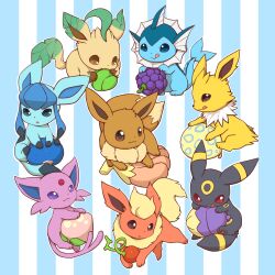 aspear_berry berry_(pokemon) blonde_hair blue_eyes blue_hair bluk_berry cheri_berry chesto_berry eevee espeon fins flareon food forehead_jewel forked_tail gen_1_pokemon gen_2_pokemon gen_4_pokemon glaceon highres huiro jolteon leafeon licking licking_lips lum_berry nanab_berry nintendo no_humans oran_berry pecha_berry pokemon pokemon_(creature) purple_eyes red_eyes sidelocks smile tail tongue tongue_out umbreon vaporeon