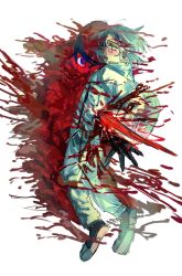 2boys aotsuki_eito black_hair black_shoes blood blue_eyes blush full_body glasses highres impaled jacket male_focus multicolored_hair multiple_boys open_mouth parted_hair red_eyes shoes simple_background sumino_takumi the_hundred_line_-last_defense_academy- white_background white_hair white_jacket