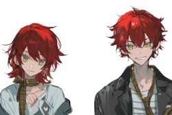 Rule 34 | 1boy, 1girl, black jacket, collarbone, earrings, grin, hair between eyes, jacket, jewelry, long sleeves, looking at viewer, male focus, necktie, open clothes, open jacket, original, plaid clothes, qyzhiaiyisheng, red eyes, shirt, short hair, simple background, smile, striped clothes, striped shirt, upper body, yellow eyes, yellow necktie