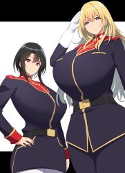 2girls atago_(kancolle) black_hair blonde_hair breasts gigantic_breasts gloves green_eyes height_difference highres huge_breasts kantai_collection kloah looking_at_viewer looking_down military military_uniform multiple_girls red_eyes salute simple_background small_hands takao_(kancolle) thick_thighs thighs towering white_gloves