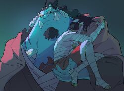 2boys bandages black_hair blue_skin carrying carrying_person chest_tattoo colored_skin commentary crying facial_hair goatee half_updo happensweater highres hug japanese_clothes jinbe_(one_piece) kimono male_focus monkey_d._luffy multiple_boys one_piece red_shorts scar scar_on_face short_hair shorts symbol-only_commentary tattoo