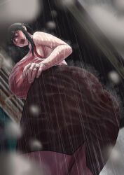 1girl akai_melon bare_shoulders black_hair blush breasts dress earrings from_below gold_earrings hairband highres huge_breasts jewelry long_hair open_mouth outdoors rain red_eyes ring see-through_clothes sexually_suggestive shirt sidelocks solo spy_x_family surprised water water_drop wedding_ring wet wet_clothes wet_hair wet_shirt white_hairband yor_briar