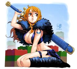 Rule 34 | 1girl, arm between legs, arm up, bare arms, black skirt, borudbrian, braided sidelock, breasts, cleavage, commentary, crop top, english commentary, from side, full body, highres, holding, holding sword, holding weapon, jewelry, large breasts, leg warmers, lego, long hair, looking up, midriff, miniskirt, nami (one piece), nami (one piece) (elbaf), narrow waist, navel, necklace, official alternate costume, one piece, orange eyes, orange hair, parted lips, sheath, sheathed, shoulder tattoo, signature, single sidelock, sitting, skirt, solo, sword, sword on back, tattoo, thigh strap, viking, wariza, wavy hair, weapon, weapon on back