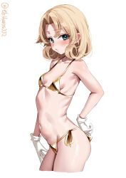1girl alternate_costume bikini blonde_hair blue_eyes blush breasts collarbone commentary_request cropped_legs ebifurya gloves gold_bikini highres janus_(kancolle) kantai_collection looking_at_viewer navel one-hour_drawing_challenge open_mouth ribs short_hair side-tie_bikini_bottom simple_background small_breasts solo stomach swimsuit twitter_username white_background white_gloves