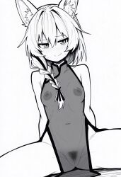 1girl animal_ear_fluff animal_ears arknights bare_shoulders beanstalk_(arknights) blush braid breasts china_dress chinese_clothes closed_mouth collarbone commentary_request cowboy_shot dress female_pubic_hair greyscale hair_between_eyes hair_intakes hair_over_shoulder hair_ribbon highres hyena_ears hyena_girl long_hair looking_at_viewer makigirisu medium_breasts monochrome nipples nose_blush pelvic_curtain pubic_hair pussy ribbon see-through_clothes see-through_dress side_slit simple_background sitting sleeveless sleeveless_dress smile solo split_mouth spread_legs white_background