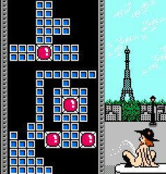 1girl arm_support ass black_eyes black_footwear black_hat block_(object) bombliss boots breasts brown_hair building city cloud eiffel_tower flower from_behind hat hat_flower knee_boots lamppost long_hair medium_breasts nude peeing pixel_art saiwai_hiroshi sitting sky spread_legs sun_hat tetris tetris_2_+_bombliss