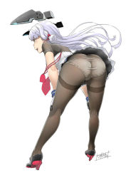 Rule 34 | 10s, 1girl, ass, bent over, butt crack, female focus, hair ribbon, hands on own knees, kantai collection, minazuki tsuyuha, murakumo (kancolle), murakumo kai ni (kancolle), panties, panties under pantyhose, pantyhose, pantyshot, ribbon, simple background, solo, standing, thighband pantyhose, underwear, white hair, yellow eyes