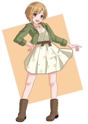 1girl aiba_yumi belt boots brown_belt brown_boots brown_eyes brown_hair collarbone dress floral_print full_body green_jacket highres idolmaster idolmaster_cinderella_girls illustscody jacket jewelry looking_at_viewer necklace open_clothes open_jacket open_mouth short_hair sleeves_rolled_up solo standing yellow_dress