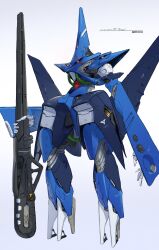 absurdres artist_name beam_rifle character_name commentary dazzur_(dazzur_system) energy_gun extra_eyes full_body glowing glowing_eyes grey_background gundam hambrabi highres holding holding_weapon mecha mecha_focus mobile_suit no_humans red_eyes redesign robot simple_background solo standing weapon zeta_gundam
