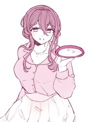 Rule 34 | 1girl, breasts, cup, eyelashes, feather print, gotland (kancolle), gotland (peach festival) (kancolle), hair between eyes, highres, holding, holding cup, jewelry, kantai collection, large breasts, long sleeves, looking at viewer, mole, mole under eye, monochrome, nagi kantai114, necklace, open mouth, petals, pink theme, sakazuki, shirt, simple background, skirt, solo