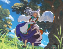 2girls :d black_hat black_shoes blue_hat blue_skirt blue_sky cloud commentary_request day detached_sleeves dutch_angle floating_hair full_body grass green_eyes green_hair grey_eyes grey_hair hat highres japanese_clothes kajatony kariginu long_hair long_sleeves magatama mononobe_no_futo mountainous_horizon multiple_girls open_mouth outdoors outstretched_arms pom_pom_(clothes) shoes skirt sky sleeves_past_fingers sleeves_past_wrists smile soga_no_tojiko spread_arms standing tate_eboshi touhou tree white_sleeves wide_sleeves
