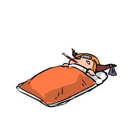 1girl cold_pack commentary english_commentary futon horn_ornament horn_ribbon horns hyoutan_tan ibuki_suika oni oni_horns orange_hair purple_ribbon ribbon sick solo thermometer touhou towel towel_on_head under_covers