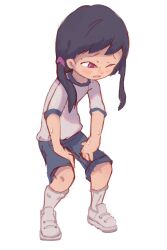 1girl black_hair child exhausted female_focus gym_uniform one_eye_closed open_mouth original orphira pink_eyes shirt shoes shorts socks solo standing sweat teeth twintails upper_teeth_only white_background