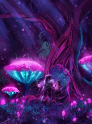 1girl aged_down armor black_hair curly_hair different_reflection dual_persona forest glowing high_ponytail holding holding_sword holding_weapon looking_at_another mirror mushroom nature night original outdoors oversized_plant painterly ponytail reflection scabbard scenery sheath solo standing swirl sword tree tunic weapon zandra