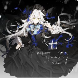 1girl ahoge black_dress black_hat blue_bow blue_bowtie book bow bowtie chinese_commentary closed_mouth commentary_request commission cross-laced_clothes cross-laced_dress dress frilled_sleeves frills grimoire hat hat_bow highres holding_orb light_smile long_dress long_sleeves maboroshi_(freeze000) original skirt_hold solo thank_you white_hair yellow_eyes