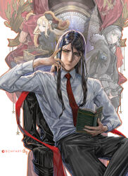 2girls b.c.n.y. book character_request collared_shirt elizabeth_tower fate_(series) highres holding holding_book long_hair lord_el-melloi_ii lord_el-melloi_ii_case_files multiple_girls necktie open_book pants red_necktie shirt sitting solo waver_velvet white_shirt