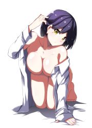 1girl all_fours arm_support bare_shoulders barefoot bed_sheet bob_cut breasts cleavage collared_shirt female_focus hair_behind_ear hand_in_own_hair hand_up hanging_breasts head_tilt kaname_nagi kneeling large_breasts long_sleeves looking_at_viewer mole mole_under_eye naked_shirt nijisanji off_shoulder open_clothes open_shirt parted_lips purple_hair shirt shizuka_rin short_hair simple_background sleeves_past_wrists solo virtual_youtuber white_background white_shirt yellow_eyes