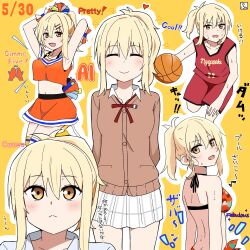 1girl :&lt; armpits ball basketball basketball_(object) basketball_uniform bikini blush breasts character_logo cheerleader closed_mouth collared_shirt commentary_request cowboy_shot dated dress_shirt english_text facing_viewer halterneck heart highres love_live! love_live!_nijigasaki_high_school_idol_club median_furrow medium_breasts midriff miniskirt mixed-language_text miyashita_ai multiple_views navel nijigasaki_school_uniform official_alternate_costume orange_bikini orange_shirt outline plaid_clothes plaid_skirt pleated_skirt plum0303n ponytail red_shirt red_shorts saiko_heart_(love_live!) school_uniform shirt shorts sidelocks simple_background skirt sleeveless sleeveless_shirt sportswear summer_uniform swimsuit translation_request white_outline white_shirt white_skirt winter_uniform yellow_background