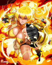 1girl ahoge ammunition aura bike_shorts blonde_hair boots breasts bridal_gauntlets brown_eyes bullet shell_casing cleavage cyberunique electricity explosion female_focus fingerless_gauntlets fingerless_gloves fire gauntlets gloves glowing gun hanging_breasts large_breasts looking_at_viewer perspective rwby scarf shell_casing shotgun shotgun_shell solo sparks weapon wrist_gun yang_xiao_long