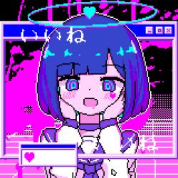 1girl @_@ animated animated_gif bad_source blinking blue_eyes blue_hair blue_neckerchief blue_sailor_collar blunt_bangs blush bob_cut chibikki choker dot_nose drooling halo hands_on_own_cheeks hands_on_own_face hands_up heart long_sleeves looking_at_viewer looping_animation microsoft_windows nanako_(chibikki) neckerchief neon_palette open_mouth original pixel_art sailor_collar school_uniform serafuku short_hair solo upper_body vaporwave window_(computing) windows_95 windows_classic
