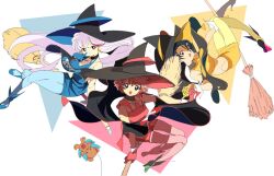 1990s_(style) 3girls aikawa_akane black_hair black_hat black_shoes blue_dress blue_eyes blue_gloves blue_hat blue_pantyhose breasts broom broom_riding brown_eyes commentary_request crop_top dress earrings edoya_inuhachi gloves halterneck hat high_heels jewelry long_hair looking_at_viewer mahou_tsukai_tai! medium_breasts midriff multicolored_hair multiple_girls nakatomi_nanaka pantyhose pencil_dress pencil_skirt red_dress red_eyes red_gloves red_hair red_hat red_pantyhose red_streaks retro_artstyle sawanoguchi_sae shirt shoes short_dress short_hair sitting skirt sleeveless sleeveless_dress streaked_hair stuffed_animal stuffed_toy teddy_bear two-tone_hat very_long_hair white_hair witch_hat yellow_gloves yellow_hat yellow_pantyhose yellow_shirt yellow_skirt