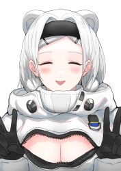 1girl :d ^_^ absurdres animal_ears arknights aurora_(arknights) black_gloves black_hairband blush breasts cleavage closed_eyes commentary_request double_v facing_viewer gloves hair_intakes hairband highres long_sleeves mitsumoto_amata open_mouth short_hair simple_background smile solo unzipped upper_body v white_background white_hair zipper