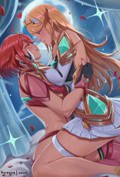 2girls bed blonde_hair blush breasts dual_persona exlic eye_contact female_focus fingerless_gloves full_moon gloves hands_on_another&#039;s_face highres jewelry large_breasts long_hair looking_at_another moon multiple_girls mythra_(xenoblade) night petals pyra_(xenoblade) red_hair rose_petals selfcest short_hair sitting sitting_on_person straddling thighhighs thighlet tiara upright_straddle xenoblade_chronicles_(series) xenoblade_chronicles_2 yuri