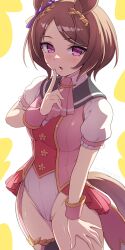 Rule 34 | 1girl, absurdres, adapted costume, animal ears, brown hair, commentary request, cowboy shot, finger to mouth, highres, horse ears, horse girl, horse tail, index finger raised, leotard, multicolored leotard, pataneet, pink eyes, puffy short sleeves, puffy sleeves, sakura laurel (umamusume), short hair, short sleeves, solo, tail, umamusume, wrist cuffs