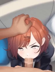 1boy 1girl animated animated_gif clothed_female_nude_male fellatio hand_on_another&#039;s_head head_grab hetero higuchi_madoka idolmaster irrumatio looking_at_viewer looking_up lowres najar nude oral orange_hair penis pov pov_crotch pov_hands solo_focus tagme uncensored