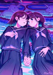 2girls absurdres black_sailor_collar black_serafuku black_shirt black_skirt brown_hair closed_eyes closed_mouth highres holding_hands kagenoyuhi long_hair long_sleeves looking_at_another medium_hair multiple_girls neckerchief original parted_lips sailor_collar school_uniform serafuku shirt skirt unicorn white_neckerchief yuri