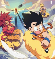 4boys absurdres black_eyes black_hair blonde_hair body_fur brown_tail child dougi dragon_ball dragon_ball_(classic) dragon_ball_daima dragon_ball_super dragonball_z flying_nimbus goku_day green_eyes highres long_hair medium_hair monkey_tail multiple_boys muscular muscular_male nachairo orange_pants orange_shirt pants red_eyes red_fur red_hair red_tail shirt son_goku spiked_hair standing super_saiyan super_saiyan_1 super_saiyan_4 tail topless_male ultra_instinct white_hair