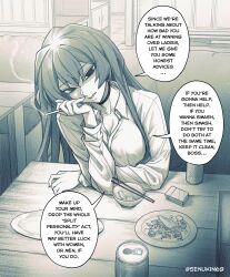 Rule 34 | 1girl, absurdres, artist name, breasts, choker, chopsticks, cigarette, cleavage, collarbone, commentary, english commentary, english text, food, hair between eyes, hand up, highres, holding, holding cigarette, indoors, large breasts, long hair, long sleeves, looking at viewer, mole, mole under eye, monochrome, no pupils, office lady, original, parted lips, plate, senukin, shaded face, shirt, smoke, smoke trail, solo, speech bubble, table, talking, twitter username