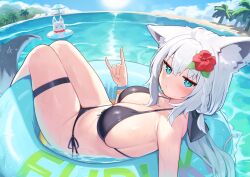 1girl ahoge animal_ear_fluff animal_ear_piercing animal_ears aqua_eyes beach bikini black_bikini black_ribbon blue_innertube blush bracelet braid breasts cleavage closed_mouth commentary day deaver double-parted_bangs flower fox_ears fox_girl fox_shadow_puppet fox_tail hair_between_eyes hair_flower hair_ornament hair_ribbon halterneck hand_up highleg highleg_bikini highres hololive innertube jewelry large_breasts legs_together long_hair looking_at_viewer low_ponytail lying navel ocean on_back on_innertube outdoors palm_tree partially_submerged pentagram ponytail ribbon shirakami_fubuki side-tie_bikini_bottom side_braid sideboob single_braid solo string_bikini sukonbu_(shirakami_fubuki) sun swim_ring swimsuit tail thigh_strap tree virtual_youtuber wet white_hair