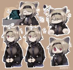 &gt;_&lt; 1girl 1other absinthe_(arknights) animal_ears arknights bear_ears bear_girl black_hairband breasts brown_background brown_hair commentary doctor_(arknights) english_commentary english_text flying_sweatdrops hairband headpat highres looking_at_viewer odmised red_eyes simple_background sleeping spoken_zzz squeans star_(symbol) table twiddling_fingers zzz