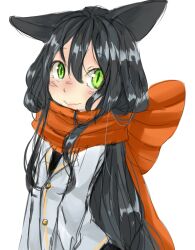 Rule 34 | 1girl, animal ears, arms behind back, blazer, blush, cat ears, cat girl, closed mouth, commentary request, genetic (ragnarok online), green eyes, jacket, long hair, looking at viewer, meiko (nattu303), official alternate costume, orange scarf, ragnarok online, scarf, simple background, slit pupils, smile, solo, upper body, white background, white jacket