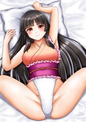 1girl absurdres armpits bed black_hair breasts closed_mouth commission frilled_leotard frills from_above highres hime_cut houraisan_kaguya leotard long_hair looking_at_viewer lying medium_breasts on_back pillow pink_eyes pink_leotard pixiv_commission smile solo spread_legs touhou touhou_tag_dream ura_tomomi wrestling_outfit
