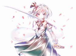 Rule 34 | 1girl, black hairband, blue eyes, closed mouth, collared shirt, commentary, cowboy shot, dual wielding, falling petals, green skirt, green vest, hairband, highres, holding, holding sword, holding weapon, juliet sleeves, katana, konpaku youmu, konpaku youmu (ghost), long sleeves, looking at viewer, petals, puffy sleeves, rhea (156latte), shirt, short hair, simple background, skirt, solo, sword, touhou, vest, wakizashi, weapon, white background, white hair, white shirt