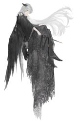 1girl absurdres animal_ears black_boots black_dress book boots capelet dress feathered_wings floral_print_dress goth_fashion grey_eyes harness highres holding holding_wand long_hair long_sleeves looking_at_viewer open_mouth original print_dress simple_background solo wand watermark white_background white_hair wings yuzu_(yuzusuke10)
