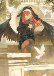 Rule 34 | 1girl, bird, black pantyhose, black shoes, black wings, blue eyes, capelet, crossed bangs, dove, european architecture, fagi (kakikaki), feathered wings, gem, grey capelet, head wings, highres, hugging own leg, knee up, konkon aria, long hair, long sleeves, looking down, low-tied sidelocks, low wings, neo-porte, outdoors, pantyhose, parted lips, purple gemstone, red hair, shoes, sidelocks, sitting, solo, spread wings, tree, virtual youtuber, wings