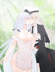 2girls apron azur_lane black_coat black_necktie blush breasts cleavage closed_eyes coat collared_shirt commentary_request day enterprise_(azur_lane) gloves hand_on_another&#039;s_shoulder hat highres holding_hands illustrious_(azur_lane) illustrious_(sweet_afternoon_teatime)_(azur_lane) kiss large_breasts long_hair military_hat multiple_girls naked_apron necktie outdoors pink_thighhighs shirt thighhighs very_long_hair white_gloves white_hair white_hat white_shirt xiaoli_(1507) yuri