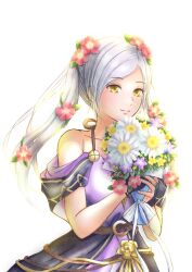 1girl bare_arms bare_shoulders bouquet bracelet breasts capelet cleavage collarbone dress eyelashes female_focus female_robin_(fire_emblem) female_robin_(valentine)_(fire_emblem) fingerless_gloves fingernails fire_emblem fire_emblem_awakening fire_emblem_heroes flower flower_bracelet gloves hair_flower hair_ornament halterneck hands_up happy highres holding holding_bouquet intelligent_systems lips long_dress long_hair medium_breasts moverabbit0305 neck nintendo off_shoulder official_alternate_costume rope_belt sidelocks simple_background sleeveless sleeveless_dress smile spaghetti_strap standing swept_bangs twintails upper_body white_background white_hair yellow_eyes