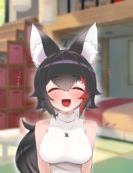 1girl animal_ear_fluff animal_ears arms_at_sides bare_arms bare_shoulders black_hair blurry blurry_background blush breasts closed_eyes dress fangs floral_print hair_between_eyes hair_ornament hairclip highres hololive jewelry kani_bonara large_breasts long_hair multicolored_hair necklace ookami_mio ookami_mio_(street) open_mouth ponytail sleeveless sleeveless_dress smile solo straight-on streaked_hair turtleneck turtleneck_dress upper_body very_long_hair virtual_youtuber white_dress wolf_ears wolf_girl