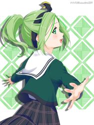 1girl 22/7 :d artist_name black_skirt bow bow_hairband cowboy_shot from_behind green_eyes green_hair green_shirt hair_bow hair_ornament hairband hairclip half_updo high_ponytail highres kiryu_touko long_sleeves looking_back nanairo_(nanairo227) open_mouth parted_bangs plaid_clothes plaid_skirt pleated_skirt ponytail rokubanchou_school_uniform sailor_collar school_uniform serafuku shirt skirt smile solo spread_legs standing teeth two-tone_bow two-tone_hairband upper_teeth_only white_sailor_collar