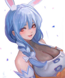 1girl animal_ear_fluff animal_ears blue_hair blush bow braid braided_ponytail breasts cleavage commentary hair_between_eyes hair_bow hair_over_shoulder highres hololive kuma_no_hito large_breasts long_hair looking_at_viewer mature_female multicolored_hair open_mouth orange_eyes pekomama rabbit-shaped_pupils rabbit_ears rabbit_girl see-through_cleavage see-through_clothes smile solo symbol-shaped_pupils thick_eyebrows two-tone_hair virtual_youtuber white_background white_bow white_hair