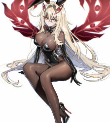 Rule 34 | 1girl, animal ear hairband, animal ears, black gloves, black leotard, blonde hair, bodystocking, breasts, commentary request, covered navel, cowlick, elbow gloves, eye hair ornament, eye symbol, eyes on wings, fake animal ears, genshin impact, gloves, hair between eyes, hair intakes, hairband, high heels, highres, large breasts, latex, latex gloves, latex leotard, leotard, long hair, looking at viewer, playboy bunny, rabbit ear hairband, rabbit ears, red wings, ronova (genshin impact), see-through cleavage, see-through clothes, side ahoge, simple background, solo, too many eyes, umamipesto, very long hair, wings, yellow eyes