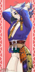 1boy agileentry artist_name badrun_(khonshu)_(dislyte) beak bird_boy black_sclera bluesky_username closed_mouth colored_sclera commentary dislyte english_commentary furry furry_male looking_down male_focus purple_shirt shirt twitter_username tying_hair yellow_eyes