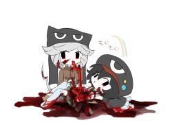 2others :o androgynous animal_ear_headwear animal_ears bad_id bad_twitter_id bare_shoulders beanie black_eyes black_hair black_hat black_sleeves blood blood_in_hair blood_on_clothes blood_on_face blood_on_hands blood_on_tail brown_sweater cabbie_hat cannibalism cat_ears cat_tail chewing chibi clothing_cutout detached_sleeves eating expressive_tail eye_of_horus eyelashes fake_animal_ears frilled_sleeves frills green_hakama grey_hair guro hair_between_eyes hakama hakama_short_skirt hakama_skirt hat hat_pin highres holding intestines japanese_clothes len&#039;en long_sleeves looking_at_viewer lying medium_hair multiple_others on_back open_mouth other_focus over-kneehighs pale_skin pool_of_blood rainbow red_footwear rei_(len&#039;en) ringlets sandals short_hair simple_background skirt socks sound_effects stomach_cutout sweater tail thighhighs vest white_background white_socks white_vest wide_sleeves yoiame zelo_(len&#039;en) zouri
